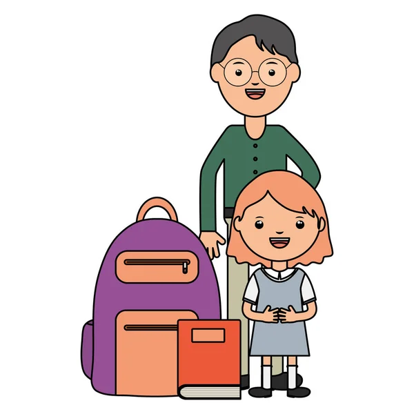 귀여운 작은 학생 소녀 와 교사 과 학교 가방 — 스톡 벡터