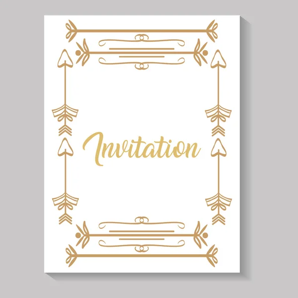 Carte d'invitation avec feuilles et flèches calligraphie dorée — Image vectorielle