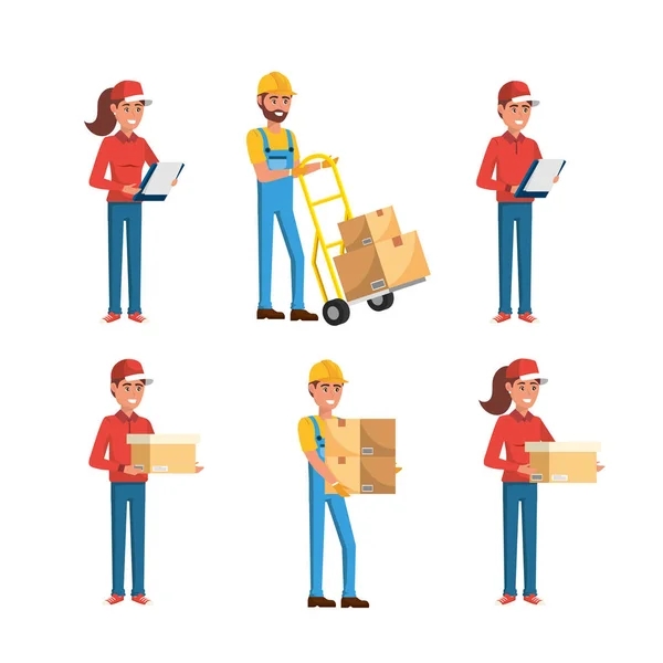 Set dari pengiriman laki-laki dan perempuan dengan kotak layanan distribusi - Stok Vektor