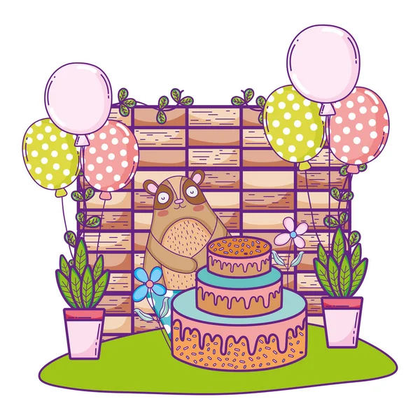 Söt Björn med söt tårta och ballonger helium — Stock vektor