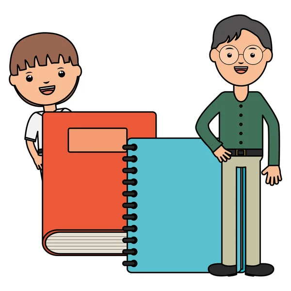 Милий маленький студентський хлопчик з вчителем і блокнотом — стоковий вектор