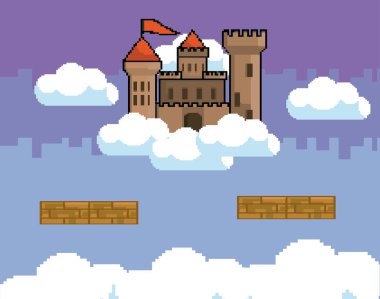 Arcade oyun dünya ve piksel sahne tasarım vektör illüstrasyon