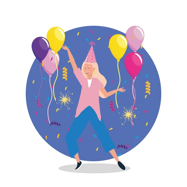Linda mujer bailando con globos y sombrero de fiesta — Vector de stock