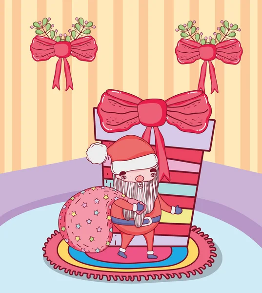 Słodkie Boże Narodzenie Święty Mikołaj z torbą w domu — Wektor stockowy