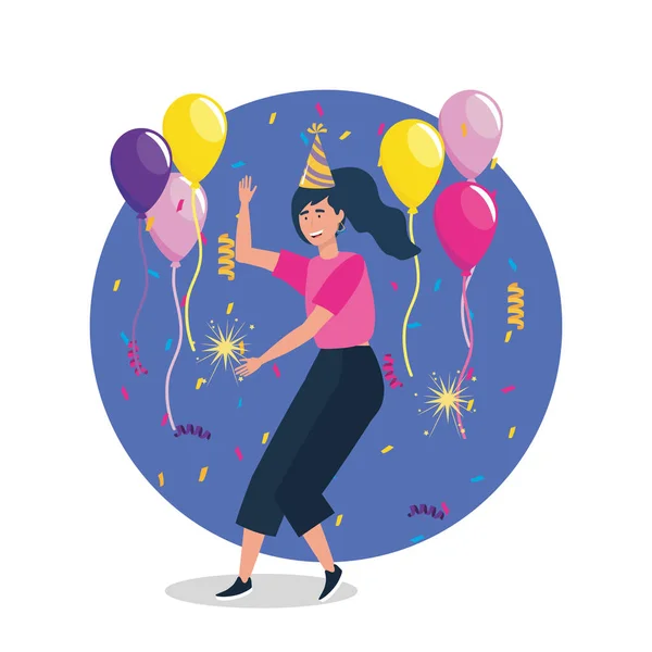 Χαριτωμένη γυναίκα που χορεύει με μπαλόνια και κομφετί — Διανυσματικό Αρχείο
