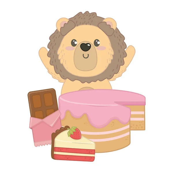 Caricatura de león aislado con diseño de alimentos dulces — Vector de stock
