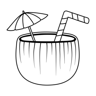 Siyah beyaz şemsiye ve saman ile Hindistan cevizi kokteyl