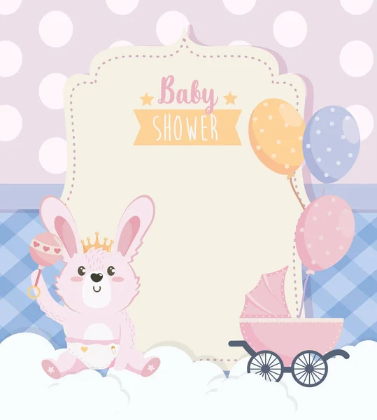 Κάρτα χαριτωμένο κουνέλι με άμαξα και μπαλόνια — Διανυσματικό Αρχείο