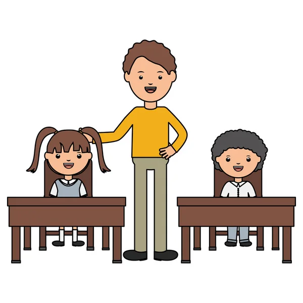 Students couple sitting in schooldesk with male teacher — Stock Vector