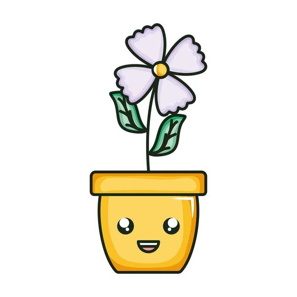 Seramik pot Kawaii karakterinde yapraklarla güzel çiçek — Stok Vektör
