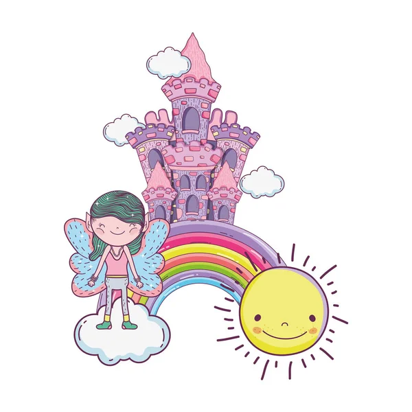 城と虹とかわいい小さな妖精 — ストックベクタ