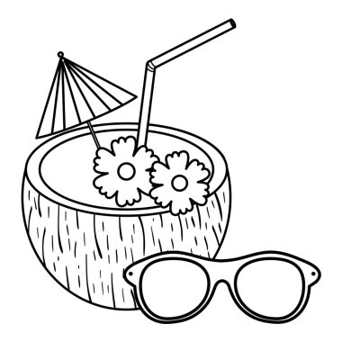 Tropikal Hindistan cevizi kokteyl ve güneş gözlüğü