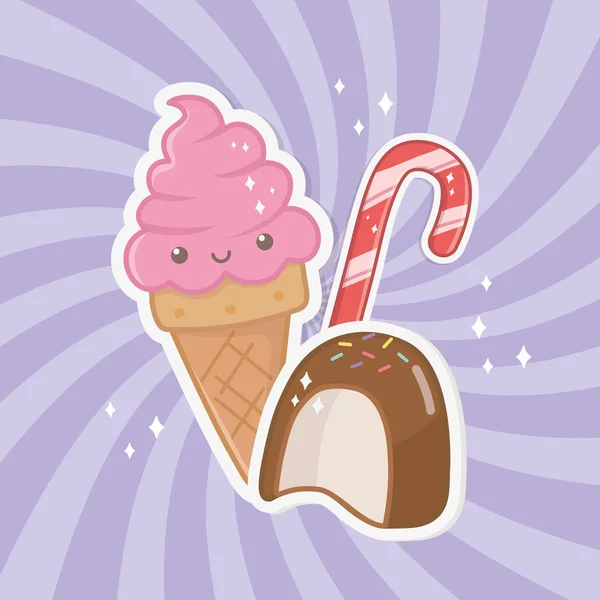 Sweet Ice Cream en snoepjes kawaii karakters — Stockvector
