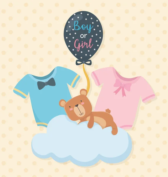 Carte de douche bébé avec petit ours en peluche dans le nuage — Image vectorielle