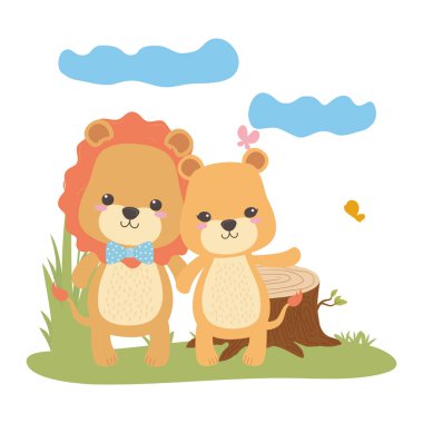 Aslan ve dişi aslan karikatür tasarım