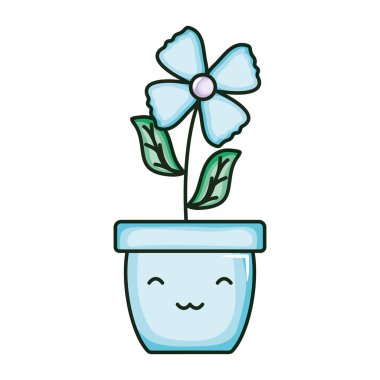 Seramik pot Kawaii karakterinde yapraklarla güzel çiçek