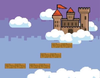 Arcade oyun dünya ve piksel sahne tasarım vektör illüstrasyon