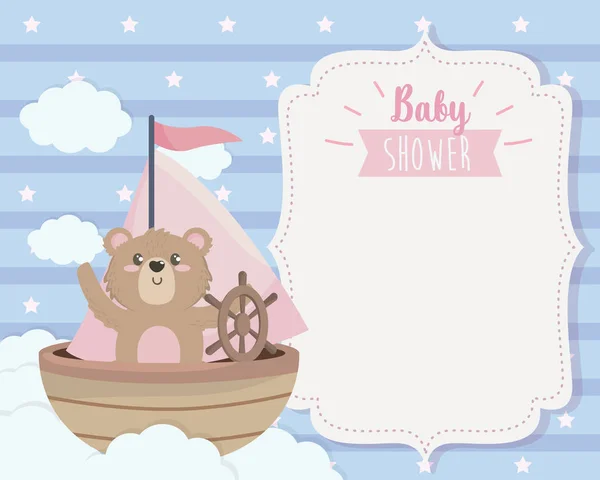 Karta cute niedźwiedzia w statku i chmur — Wektor stockowy