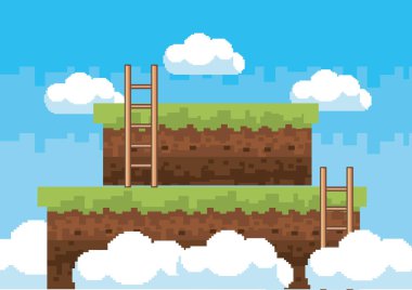 Arcade oyun dünya ve piksel sahne tasarım vektör illüstrasyon