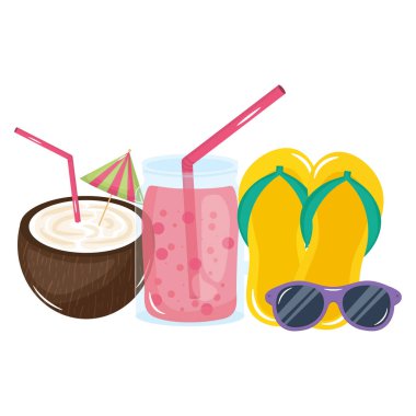 parmak arası terlik ve güneş gözlüğü ile tropikal hindistan cevizi kokteyl