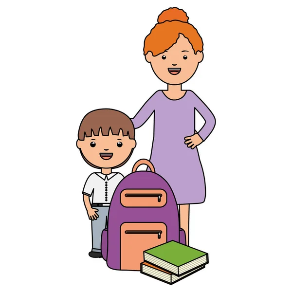 Schattige kleine student jongen met vrouwelijke leraar en schooltas — Stockvector