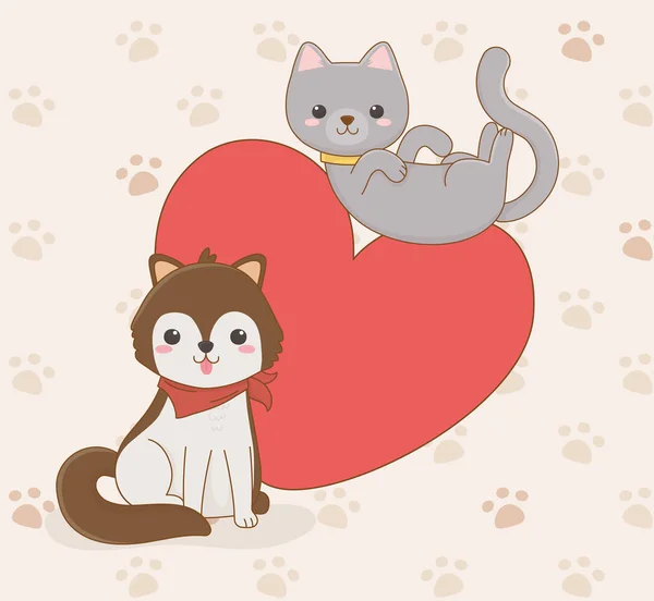 Bonito cachorrinho e gato mascotes com amor de coração —  Vetores de Stock