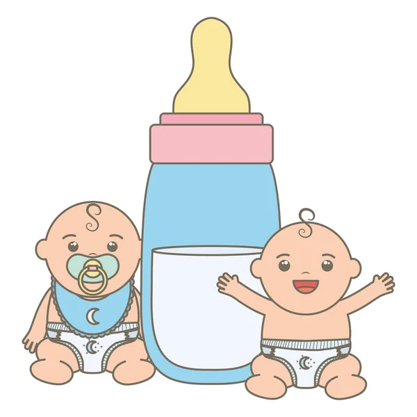 Lindo bebés niños con biberón leche caracteres — Vector de stock