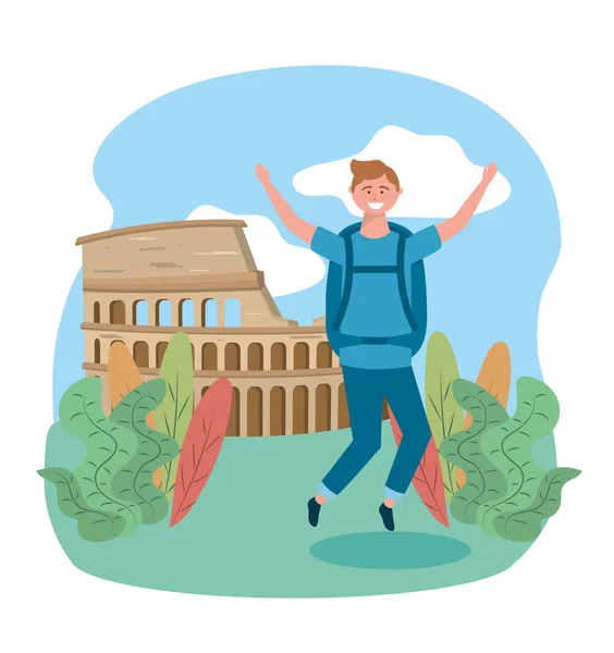 Travel man jumping with backpack and colosseum destination — Stock Vector