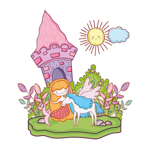 Sirena con unicornio y castillo en el paisaje — Vector de stock