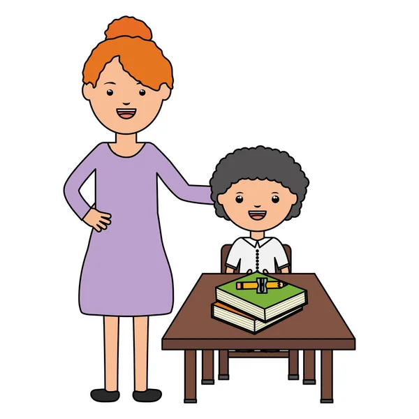 Mignon petit étudiant garçon avec femme professeur dans schooldesk — Image vectorielle