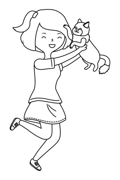 Menina com desenho animado gato — Vetor de Stock