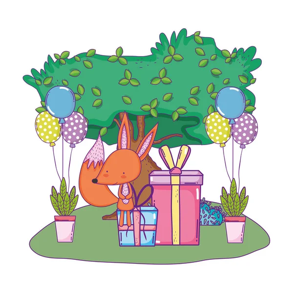 Lindo y pequeño zorro con globos de helio en el paisaje — Vector de stock