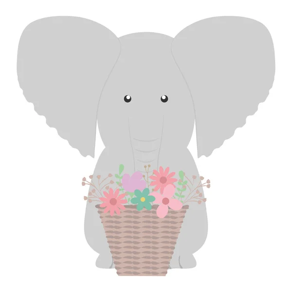 Elephant with floral basket bohemian style character — Stock Vector