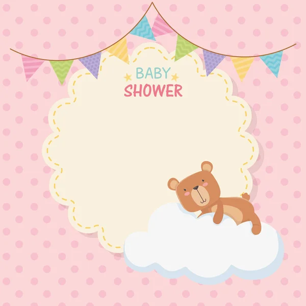Baby shower lace card with little bear teddy in cloud — Stockvector