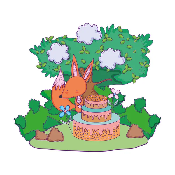 Mignon et petit renard avec gâteau sucré — Image vectorielle