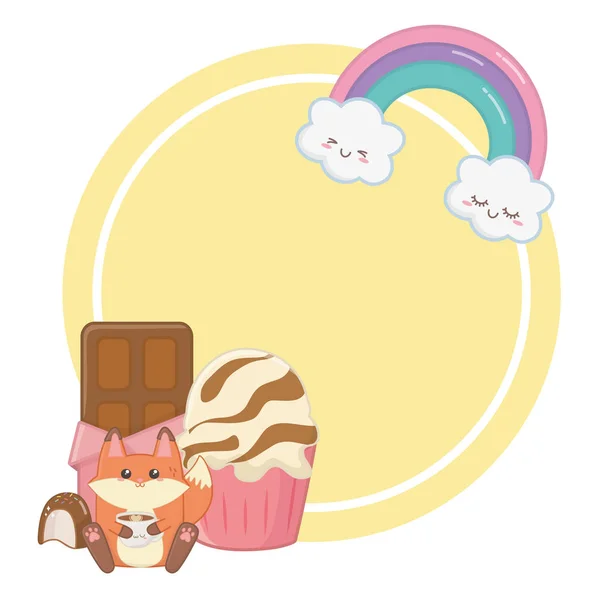 Kawaii de desenho animado de raposa e design de sobremesas — Vetor de Stock
