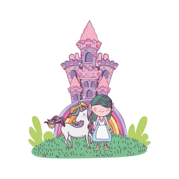 Милая маленькая фея с замком и единорогом — стоковый вектор