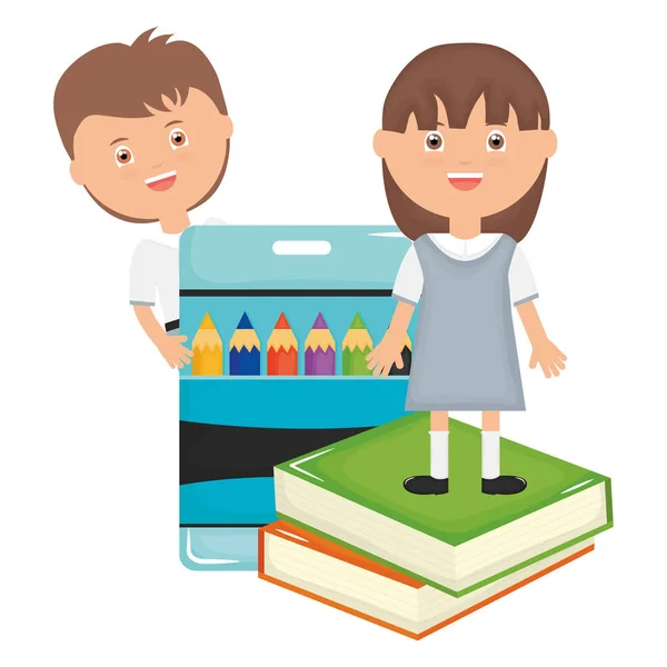 Söta små studenter par med färger pennor och böcker — Stock vektor