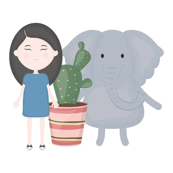 Słodkie słoń i dziewczyna z egzotycznego kaktusów w garnku ceramicznym — Wektor stockowy