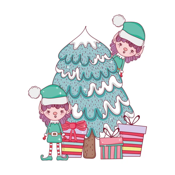 Schattige Santa helpers met Pine Tree — Stockvector