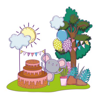 alanda kek ve balonlar helyum ile fare