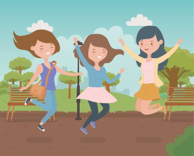 Park vektör illüstrasyonunda kutlama yapan mutlu genç kadınlar.