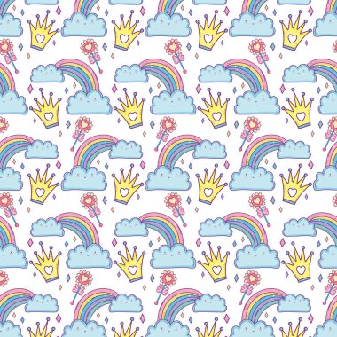 bulutlar ve gökkuşağı kawaii karakterler