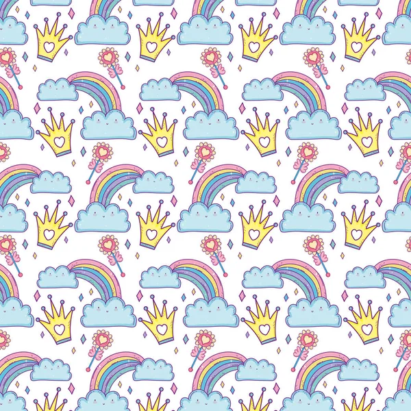 Nubes y caracteres kawaii arco iris — Vector de stock