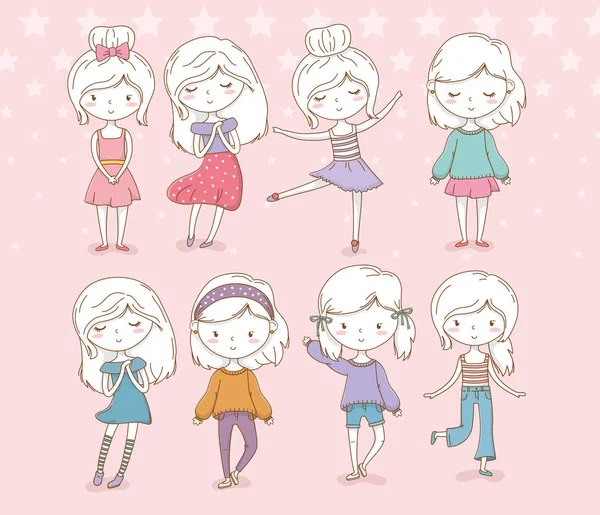 Lindo grupo de niñas con colores pastel. — Vector de stock