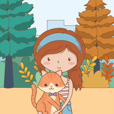 Kedi karikatür tasarımı ile kız
