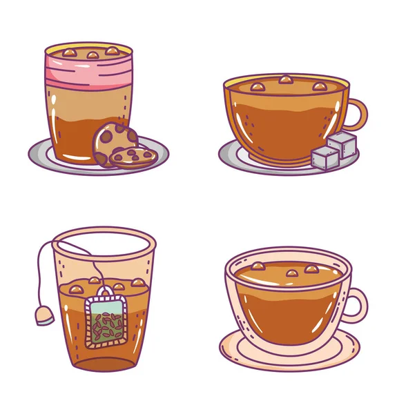 Káva a čaj čas skica plochý design — Stockový vektor