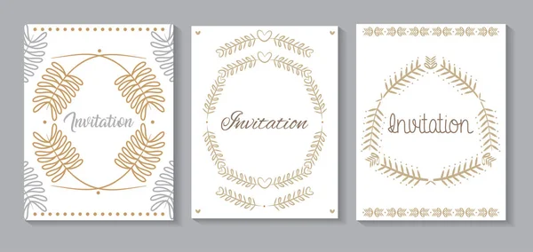 Set invitation cards with leafs golden calligraphy — стоковый вектор
