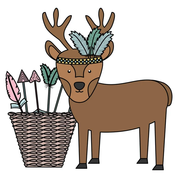 Reindeer with feathers hat and basket of arrows bohemian style — Image vectorielle