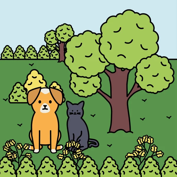 Cute cat and dog mascots in the landscape — Vetor de Stock